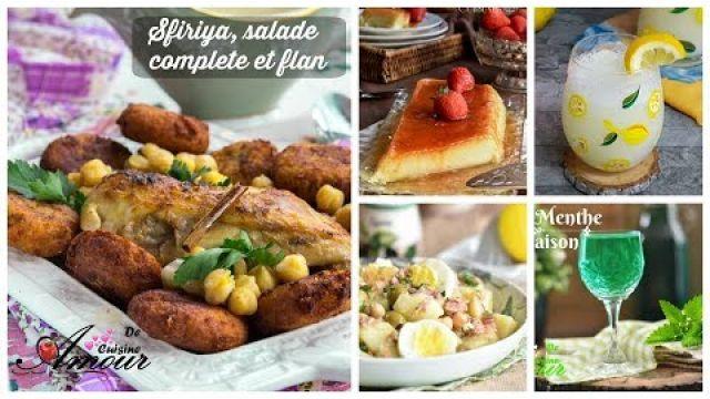 menu: plat anti gaspillage Sfiriya algéroise avec une salade complete et un flan